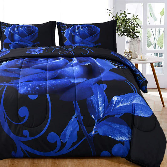 WONGS BEDDING Blue Comforter Set Queen, Reversible Blue Rose Pattern Printed Bedding Comforter Set with 2 Pillowcases for All Seasons, Soft Microfiber Filling Bedding Set 90"x90"