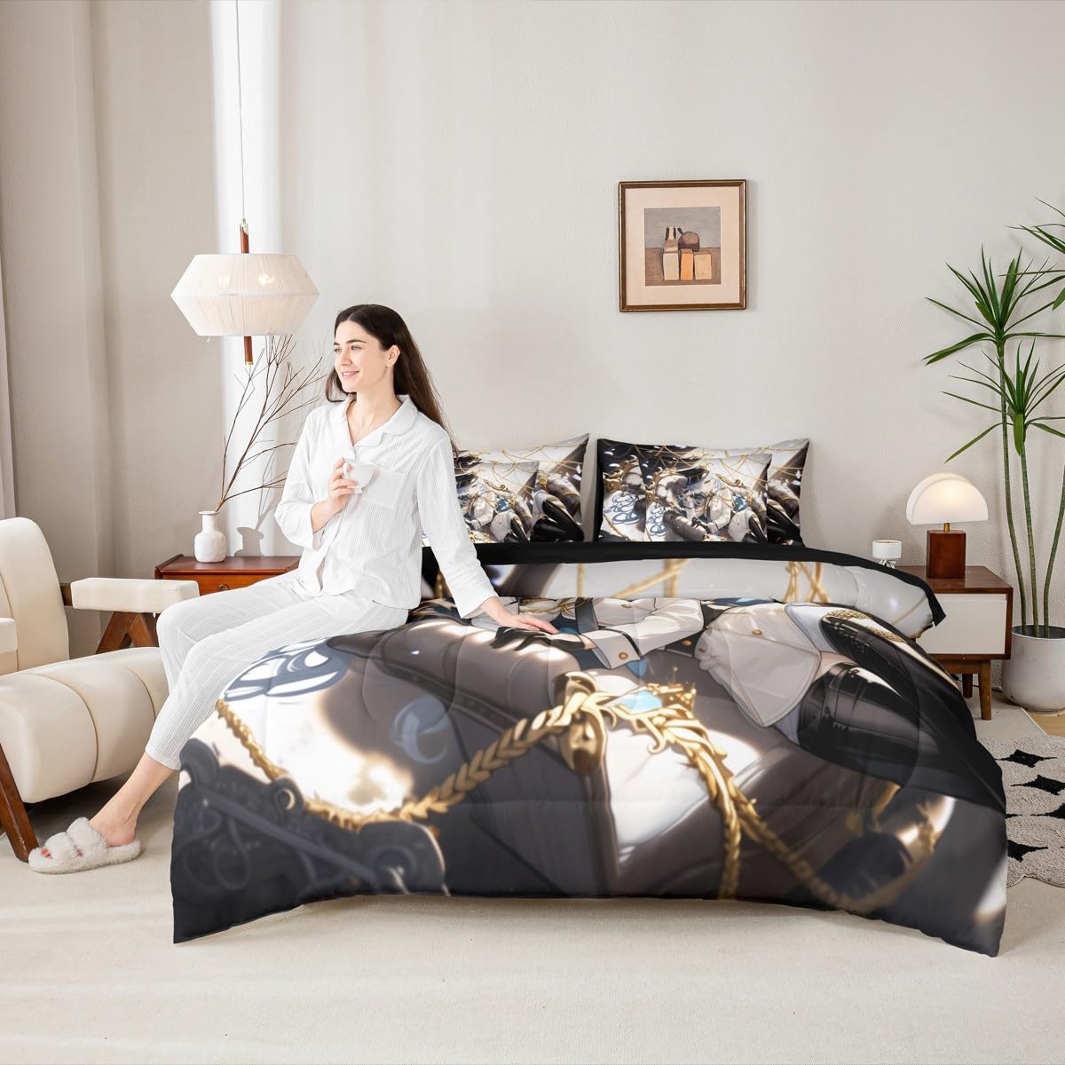 Erosebridal Anime Girl Queen 7 Piece Bedding Set for Kids, Kawaii Japanese Anime Bed in A Bag Cartoon Girl Comforter Set with Sheets for Girls Boys Teens Men Room, Japanese Animation Bed Sets