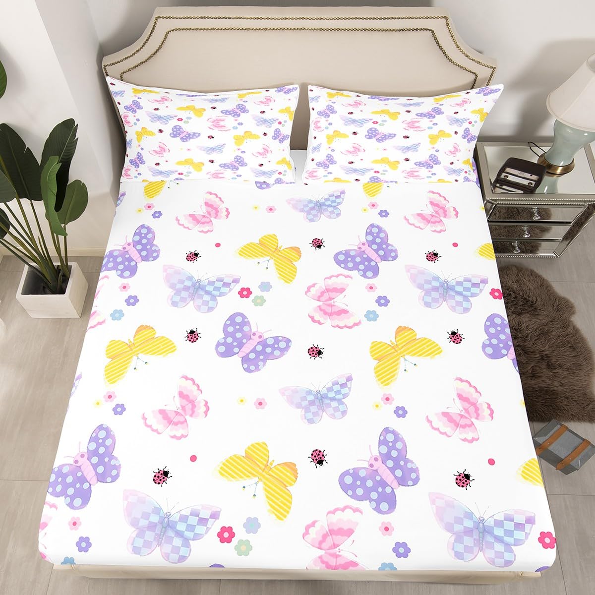 Feelyou Butterfly Fitted Sheet with 1 Pillowcase Twin Size Butterflies Printed Pattern Bed Sheets Set 16" Deep Pocket Boys Girls Purple Blue Checked Bedding Cute Flowers Teens Bedroom Decor
