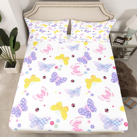 Feelyou Butterfly Fitted Sheet with 1 Pillowcase Twin Size Butterflies Printed Pattern Bed Sheets Set 16" Deep Pocket Boys Girls Purple Blue Checked Bedding Cute Flowers Teens Bedroom Decor