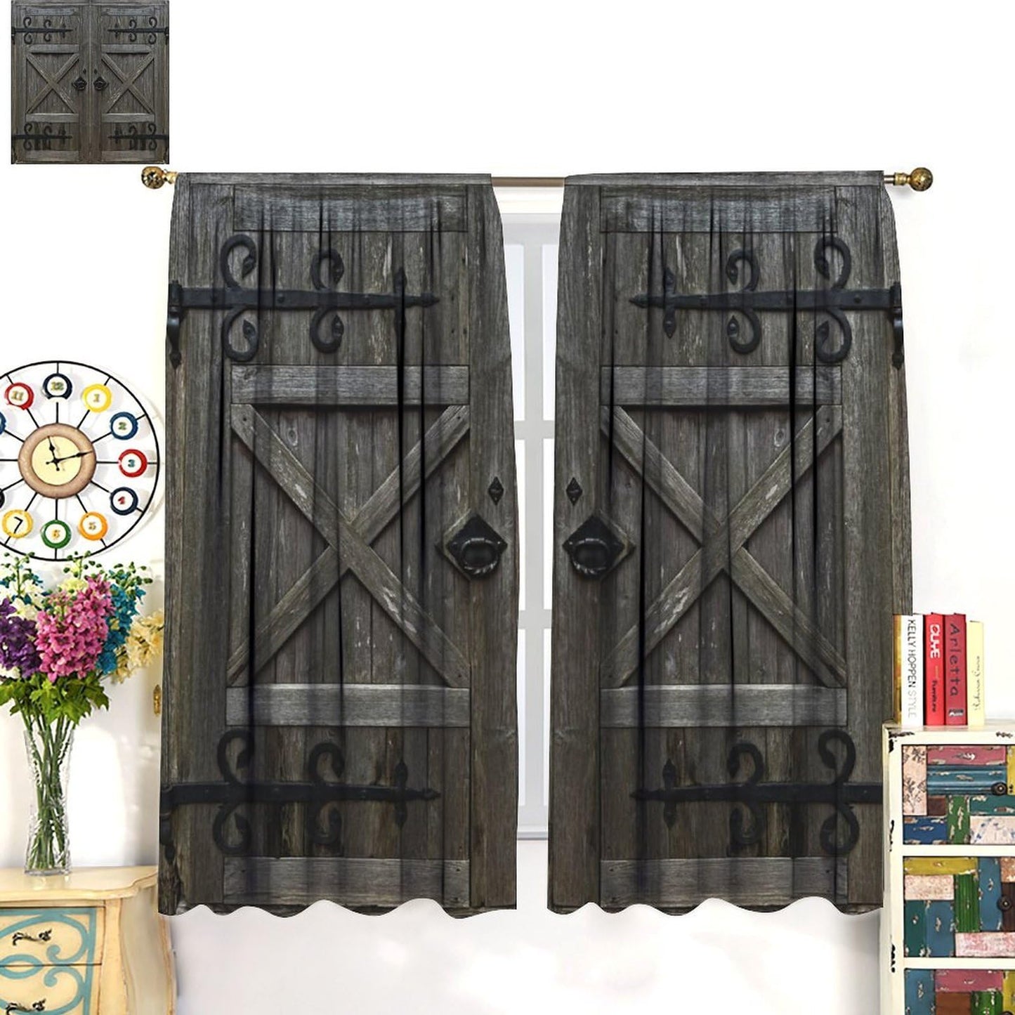 Nanacur Farmhouse Rustic Wooden Curtains, Vintage Door American Country Farm Rural Art Rod Pocket Window Treatment for Bedroom Living Room Kitchen Cafe Drapes 41" W X 45" L (No Blackout)