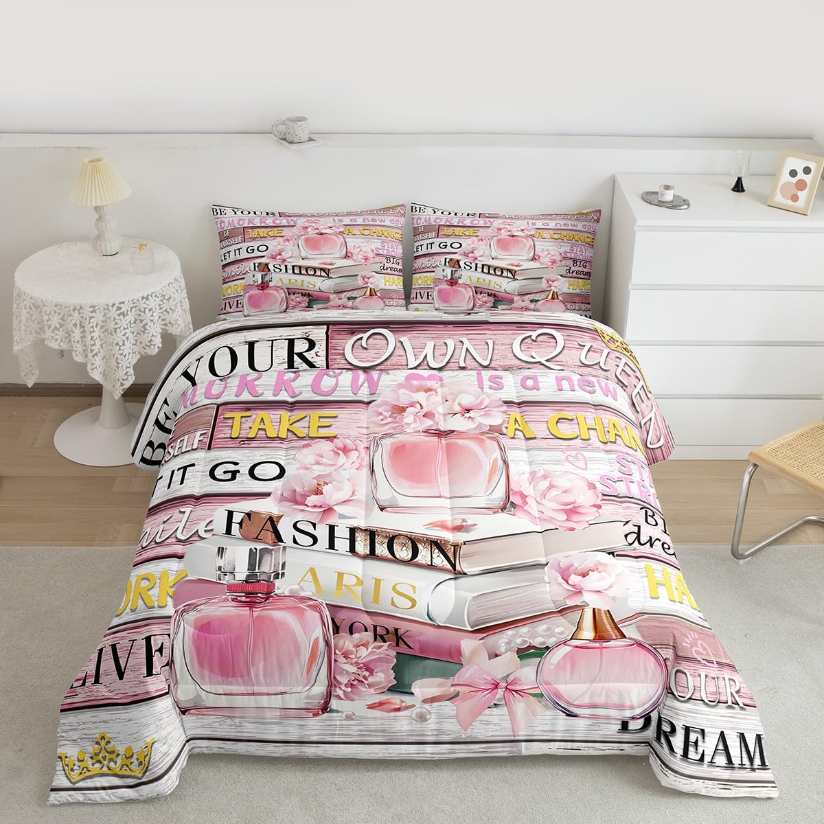 Erosebridal Pink Fashion King Bedding Set for Women Girls Kids Girly Aesthetic Modern Comforter Inspirational Quotes Trendy Elegant Coquette Cute Quilt Perfume Paris Preppy Pink Bow Duvet Insert