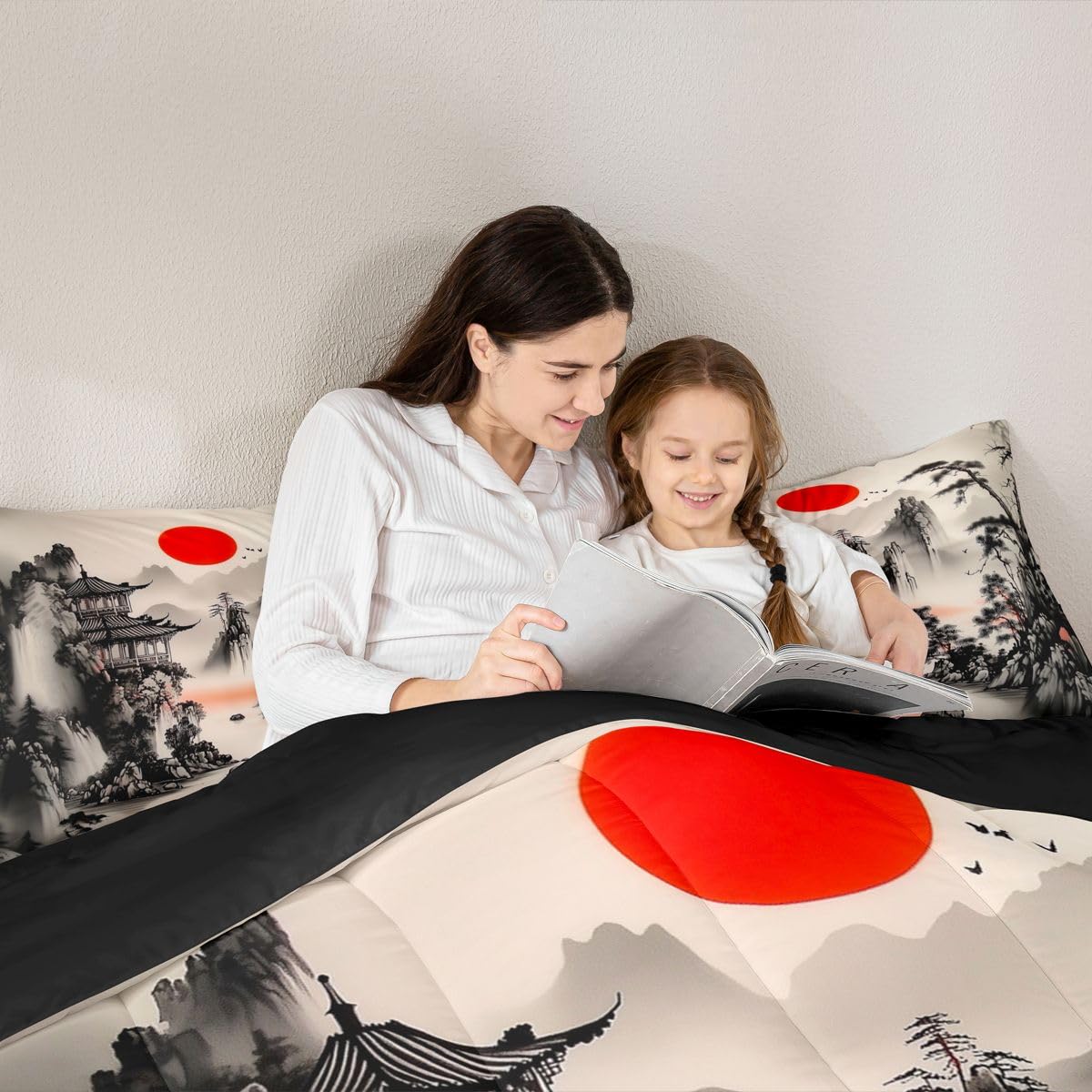 jejeloiu Chinese Ink Painting Bedding Set Soft for Boys Girls, Red Sun Comforter Set Queen Size Mountain Duvet Quilt Microfiber Japanese Style Bedroom Decor 3 Pcs with 2 Pillow Cases