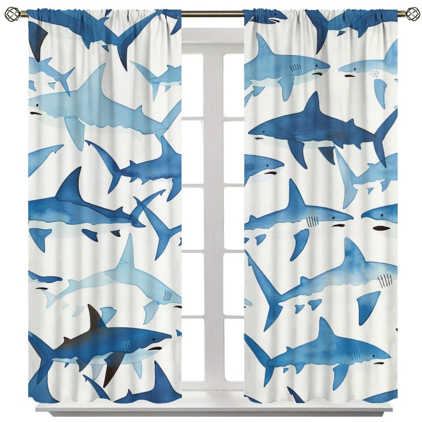 TOWINSFB Ferocious Shark Blackout Curtains for Bedroom Living Room, Repetitive Marine Life Blue Sea Curtains Rod Pocket Thermal Insulated Window Drapes, 2 Panels/Each 21" W x 45" L