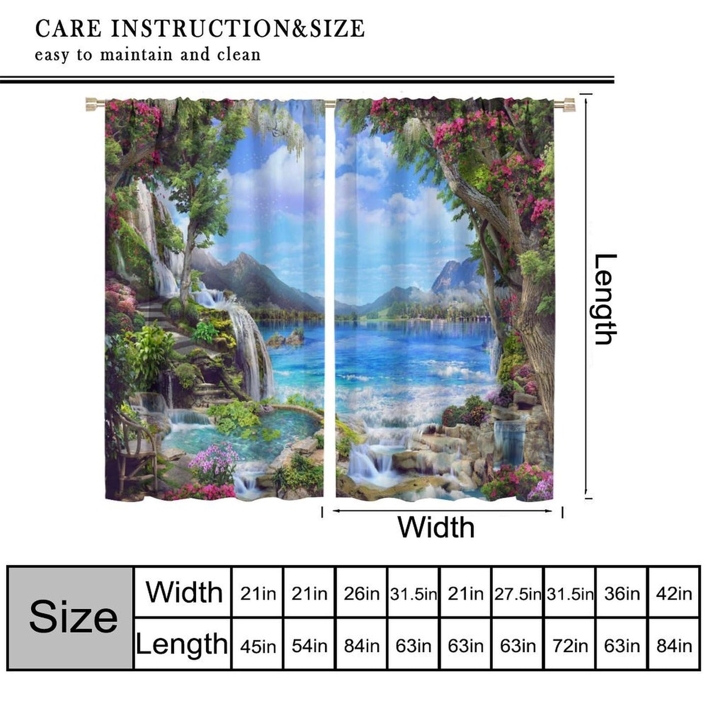 Forest Landscape Curtains, Nature Waterfall Scenery Floral River Falls Style Window Drapes, for Living Room Bedroom 42" W X 45" L (Decorative)