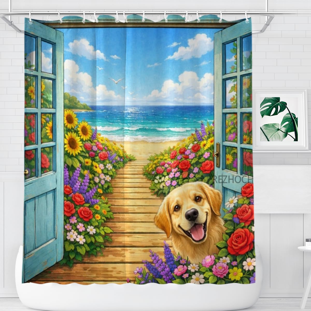 REZHOCH Beach Animal Shower Curtain 72x72Inch,Fun Golden Retriever Ocean View Bathroom Decor,Floral Pathway Seaside Holiday,Spring Summer Coastal Waterproof Fabric Bath Set with Hooks
