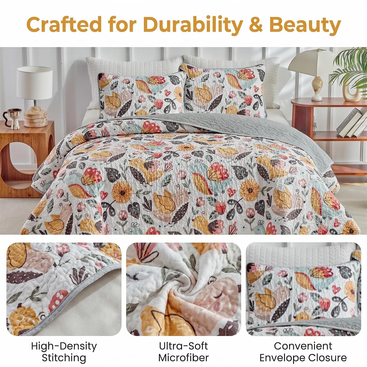 SANOCAY Boho Floral Quilt Set King Size, 3 Piece Lightweight Summer Bedding Set with 2 Pillow Shams, Soft Reversible Microfiber Bedspread, Farmhouse Coverlet for All Season (Bird, King)