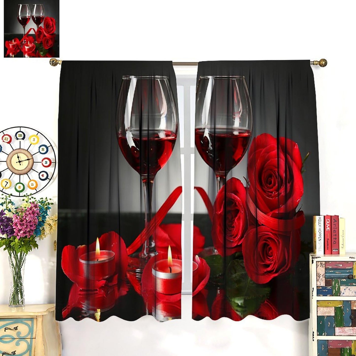 Wines Blackout Window Curtains Candle Red Roses and Red Wine Female Romantic Art Thermal Insulated Darkening for Living Room Bedroom Children's Room Decor Set 2 Panels,42x45 Inches