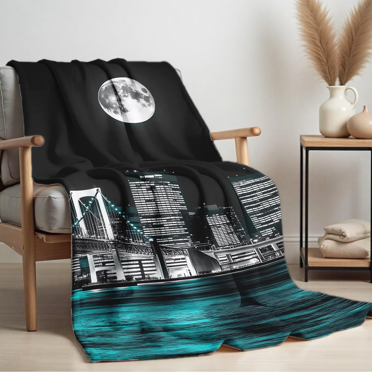 HUNXIAOJ New York City Building Blanket for Bed Couch Cityscape Blanket Throw Black White Teal Decor Flannel Prints Bedding Home Decor (49"x59")