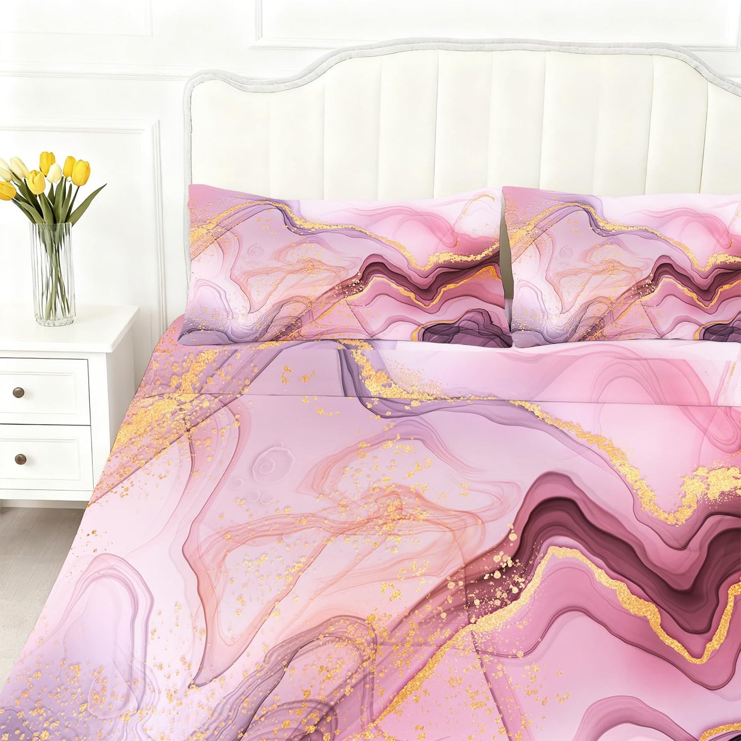VTKON Pink Marble Sheets Set Twin for Girls Pink and Gold Marble Bedding Set Kids Aesthetic Bed Set with 1 Fitted Sheet 1 Flat Sheet and 1 Pillowcase