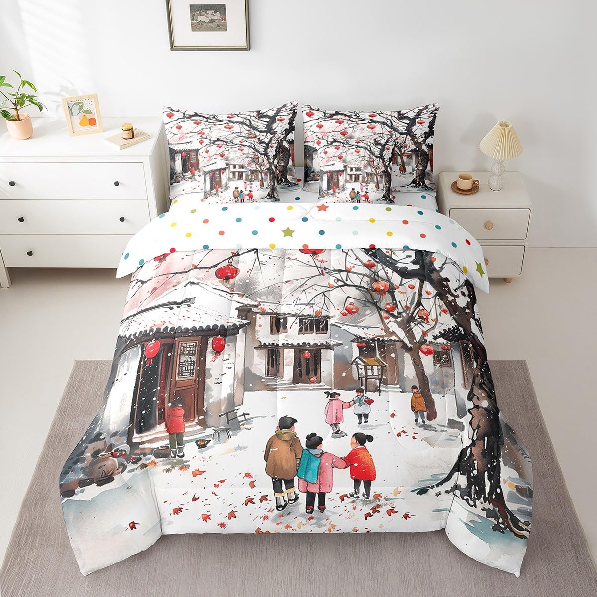 Erosebridal Festival Lantern Bedding Set King Size, Winter Trees Buildings Comforter Set, Chinese Style Kids Teens (Comforter+Fitted+Flat Sheet+2 Pillowcases+2 Throw Pillow Covers) 7 Pieces Bed Set