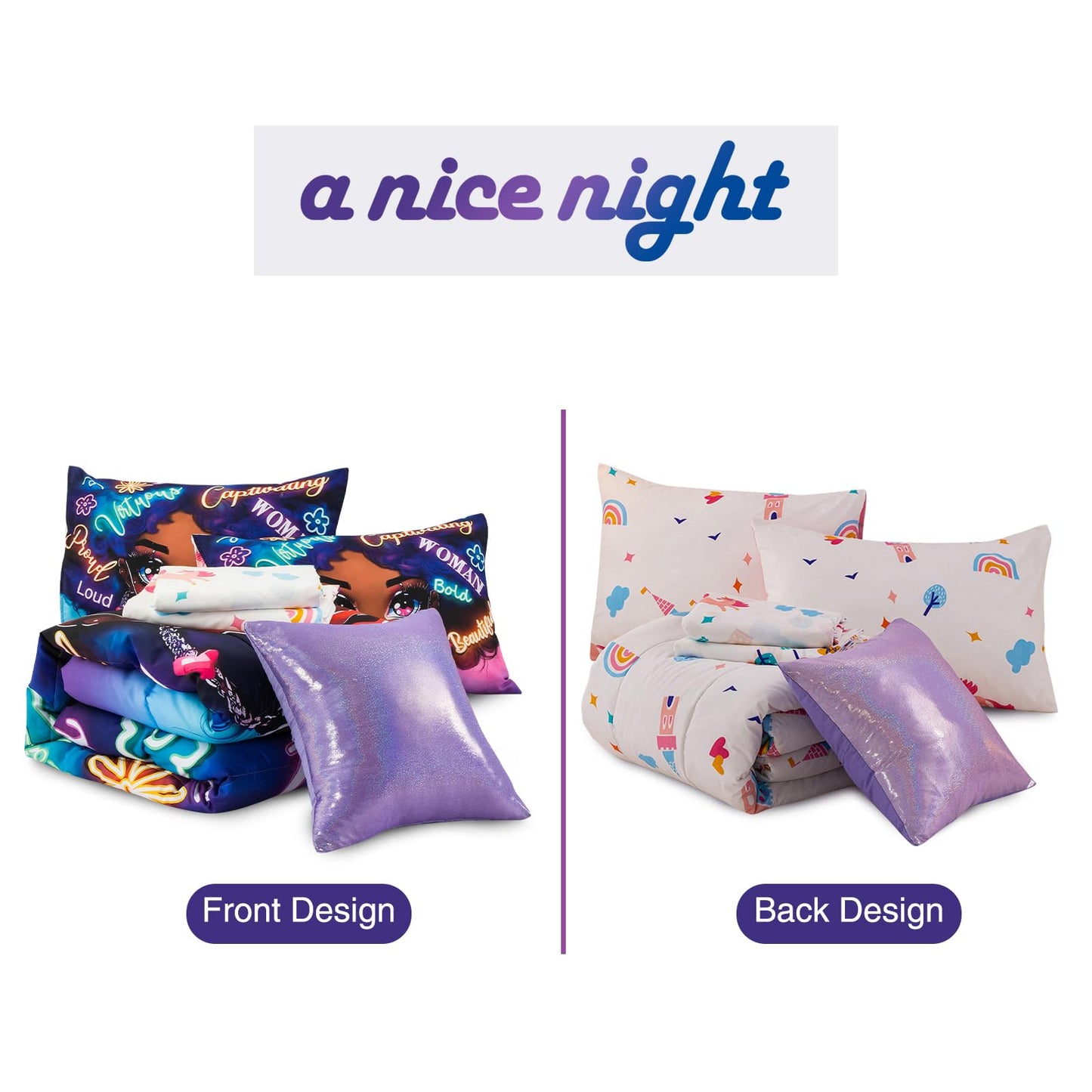 A Nice Night 6pcs Comforter Sets,Black Girl with Fashionable Attire Printing, Printed with Letters Background Kids Bedding Set,Twin