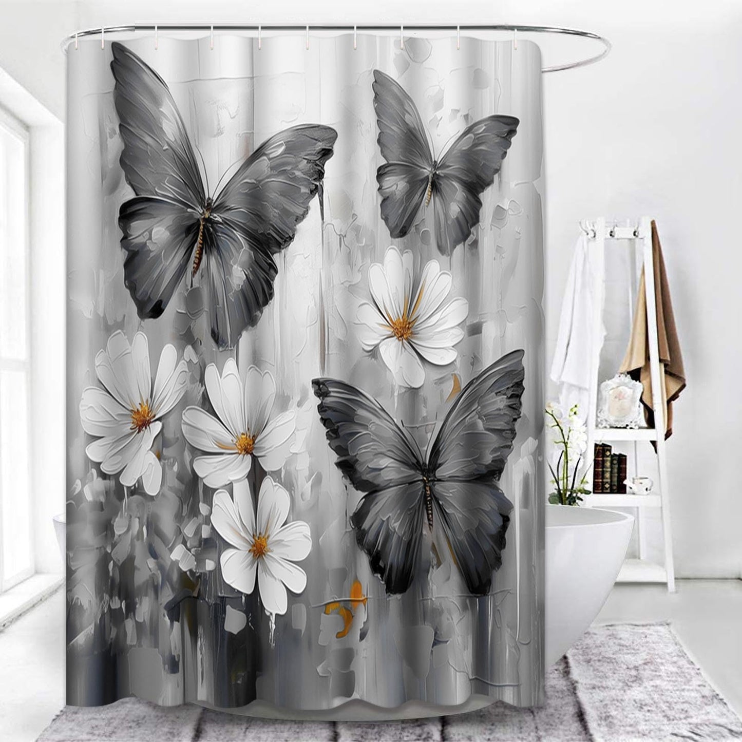 Emvency Shower Curtain Tropical Morpho Butterflies Daisy Flowers Black Bathroom Home Decor Waterproof Polyester Fabric 72 x 72 inches Set with Hooks
