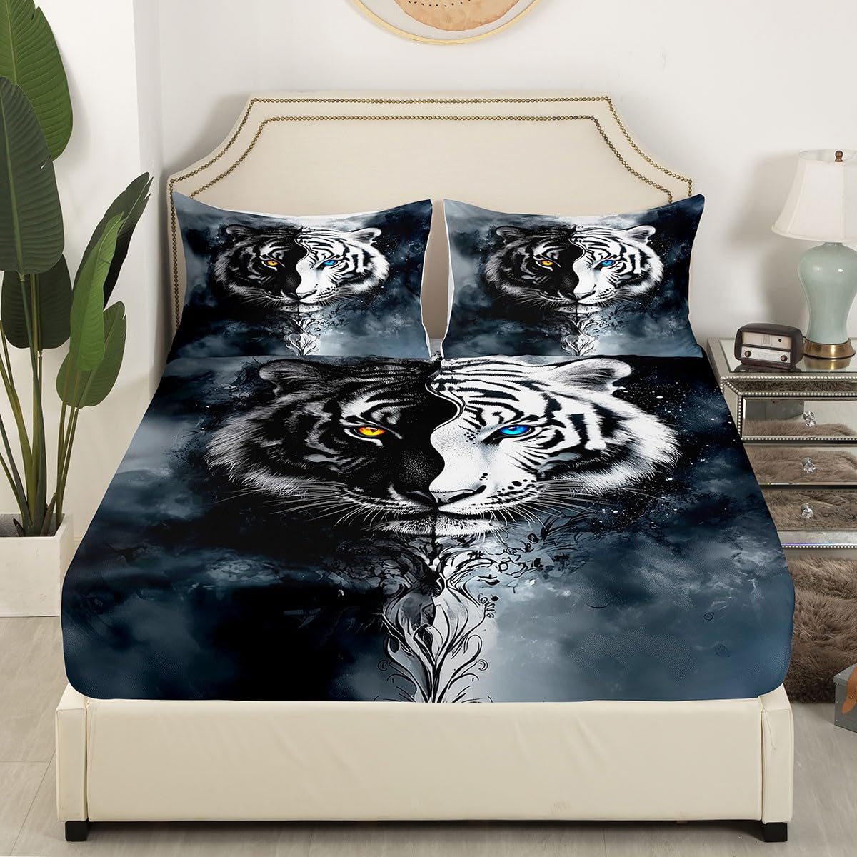 Erosebridal Boys Tiger Bedding Set Twin Size, African Safari Animal Bed Sheets Set Exotic Wildlife Flat Fitted Sheet Black White Soft Microfiber Bed Set for Adult Teens Youth Men Bedroom Decor