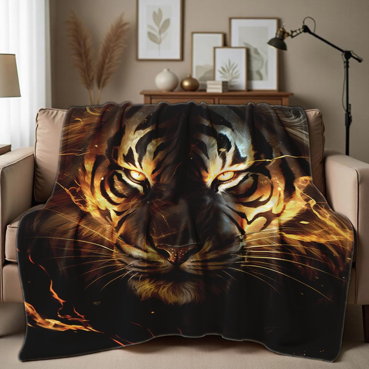 HUNXIAOJ Printed Bed Blanket Black and Gold Animal Throw Tiger Flannel Blankets Queen Size Blankets for Men Boy Bed Sofa Office Chair Blanket (59"x78")