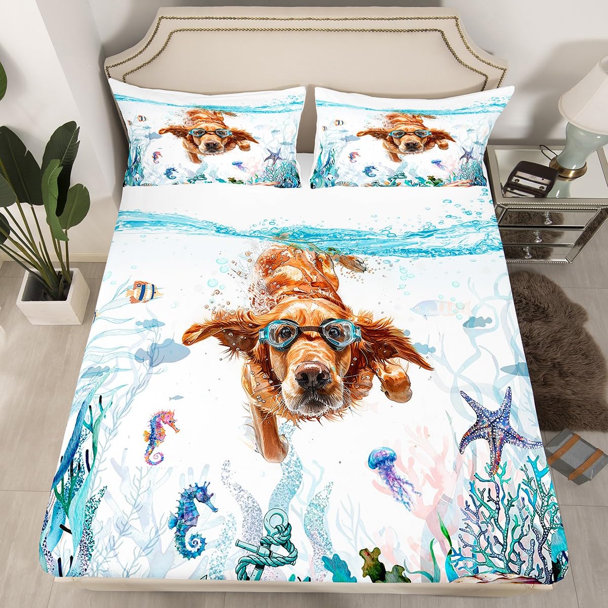 Feelyou Cute Dog Bed Sheet Set Boys Girls Twin Size Kawaii Animals Fitted Sheet for Kids Women Men Ocean Bedding Set Puppy Dog Bed Cover Deep Pocket Room Decor Bed Set