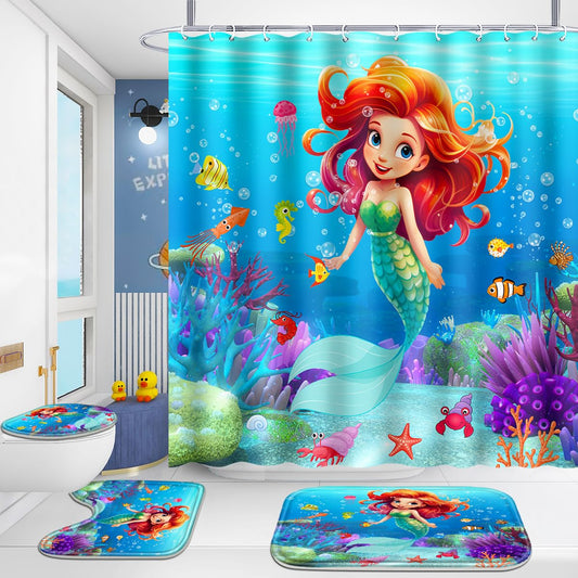 Poedist 4 Pcs Bathroom Shower Curtain Set,Kid's Bathroom Set,Kid's Shower Curtain Sets with Rugs(Bath Mat,U Shape and Toilet Lid Cover Mat) and 12 Hooks