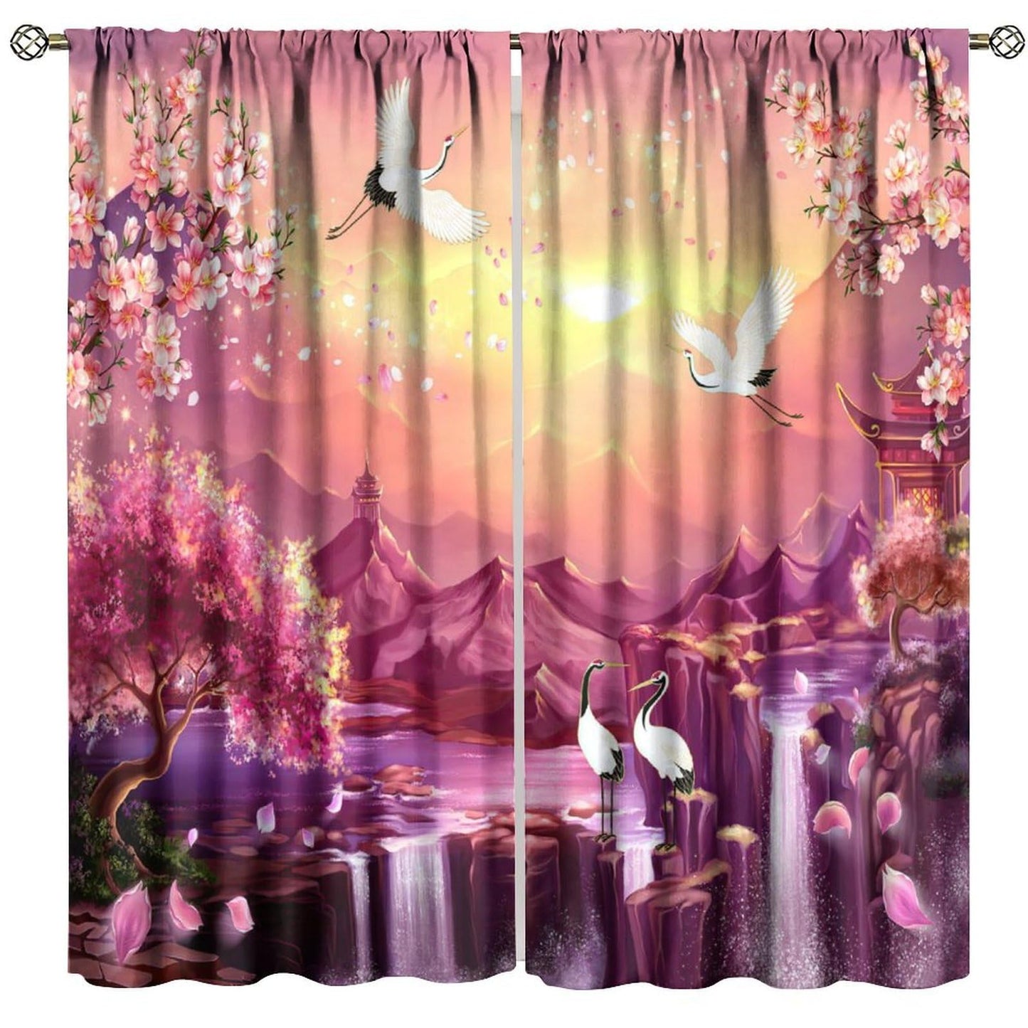 AuiMzoo Cherry Blossom Curtains: Japanese-Style Cranes and Pagodas Against an Oriental Pink Backdrop, Ideal As Blackout Curtains for Bedrooms and Living Rooms42X45 Inch