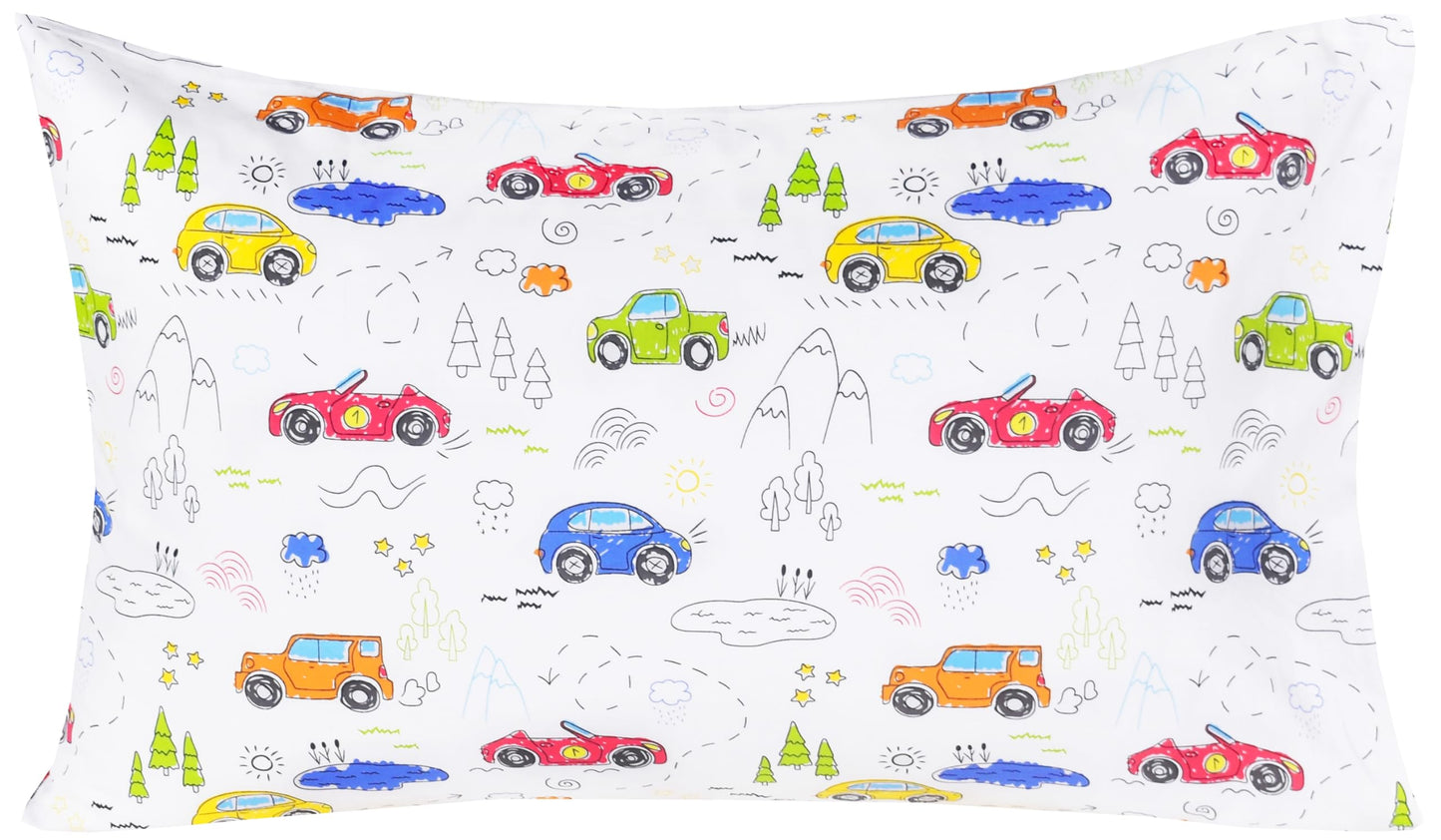 J-pinno Colourful Cars Trees Lakes Hills Trave Journey Cute Cartoon 100% Cotton 3 Pieces Twin Sheet Set for Kids Girls Boys Children Flat Sheet + Fitted Sheet + Pillowcase Bedding Decoration Gift Set
