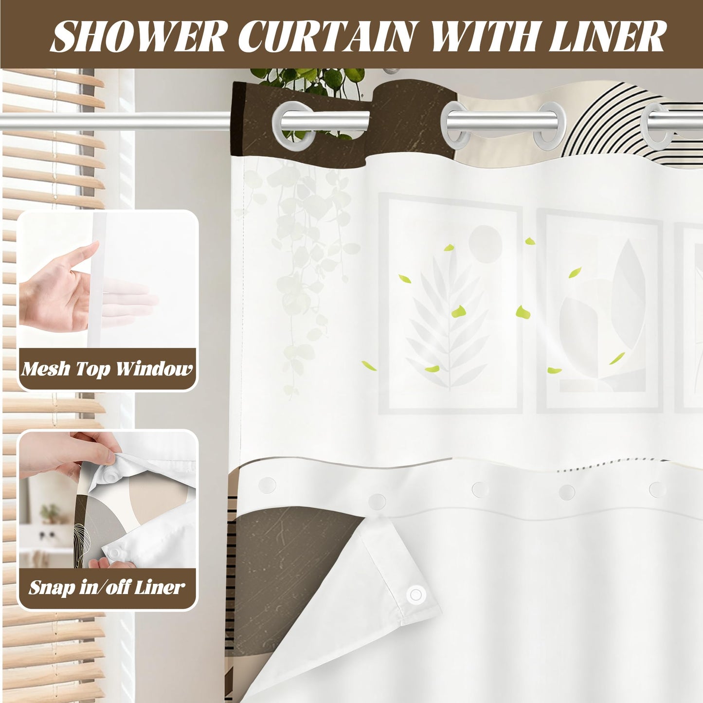 Hookless Shower Curtain with Snap-in Liner, Brown and Beige, 71" W x 74" L