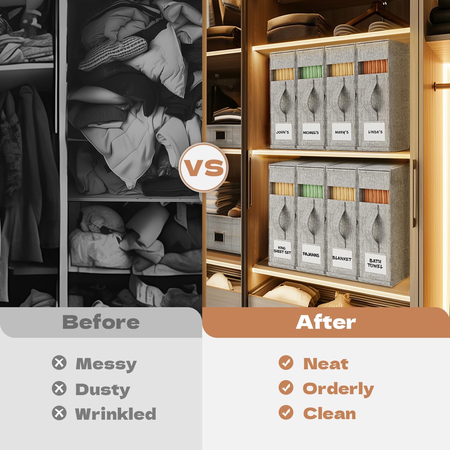 4pack Bed Sheet Organizer for Linen Closet (Grey) with Linen Drawer Organizer for Baby Clothes