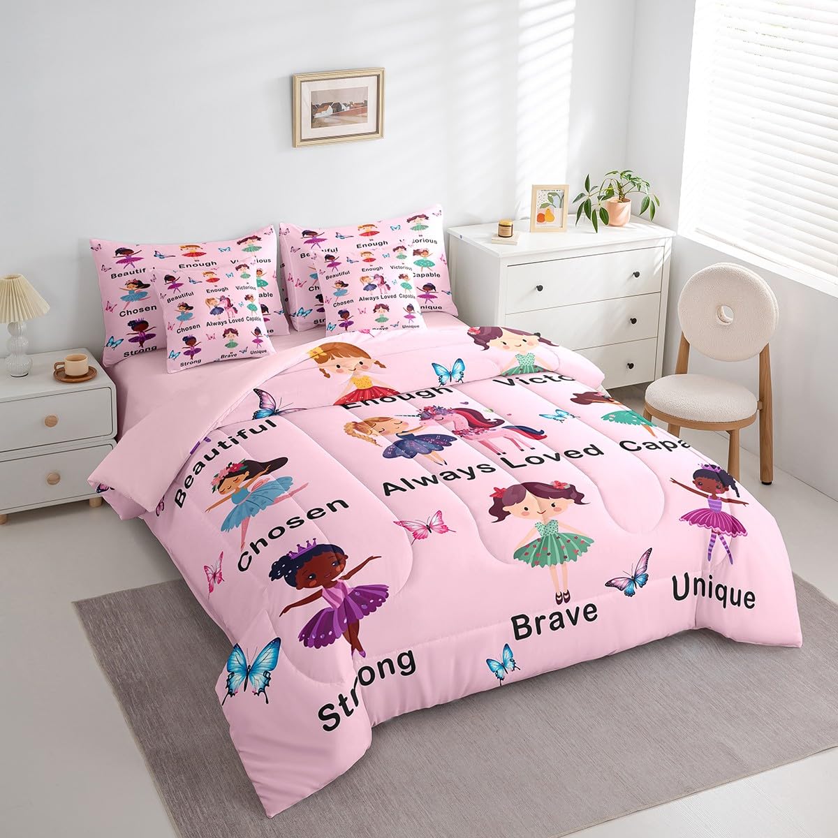Erosebridal 7 Piece Girls Pink Princess Kids Comforter Set King Bed in a Bag,Ballet Bedding Set,Dancing Girls Inspirational Duvet Insert,Dreamy Princess Style Sheet Set,Butterfly Unicorn Quilt