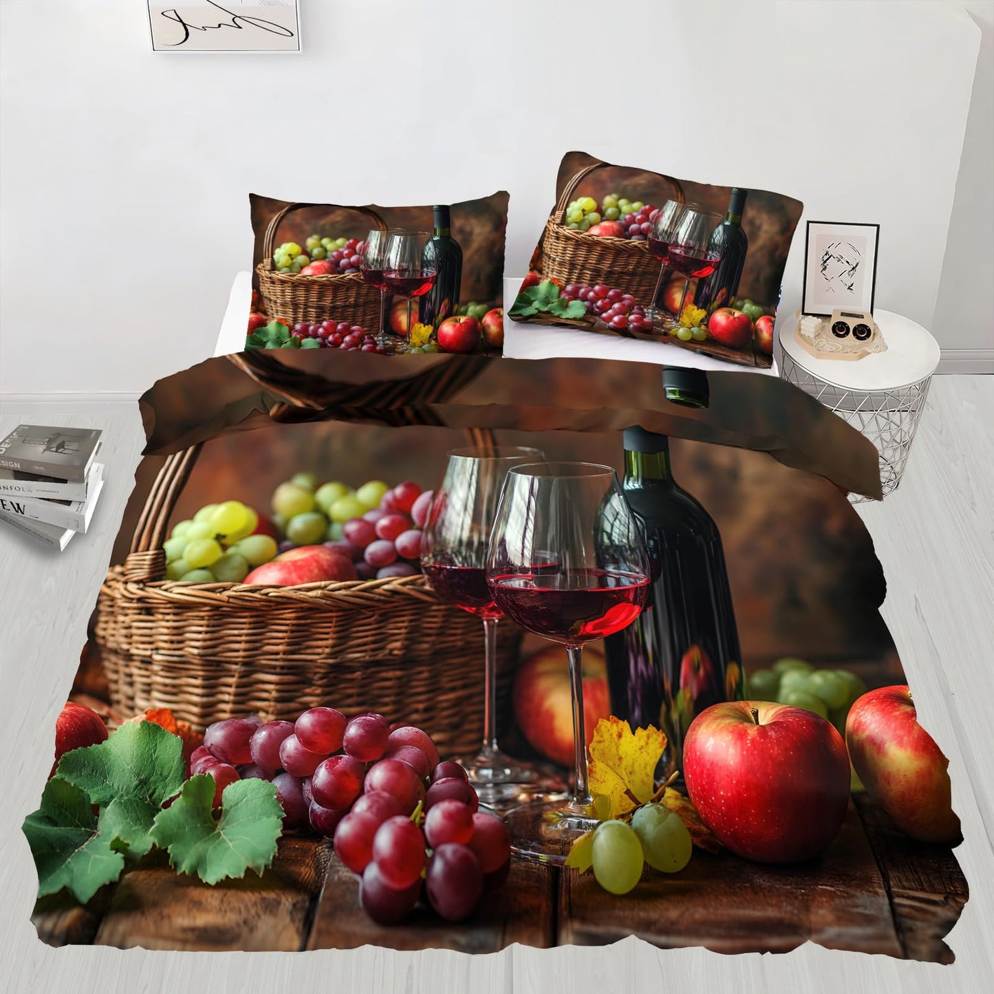 PAISUOQ Rustic Duvet Cover King Size, Country Kitchen Bedding Set, 3 Piece, Soft Microfiber Patterned Comforter Cover with Zipper Ties & 2 Pillowcase, Red Wine & Grapes Bedroom Decor & Gifts