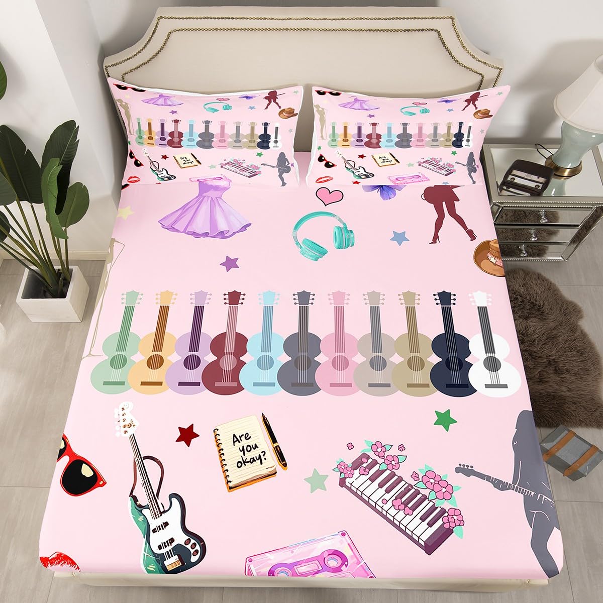 Erosebridal Music Fans Guitar Bed Sheets Set King Music Themed Sheet Set Singer Fans Pink Sheets for Kids Girls Women Fashion Birthday Valentines Day Gift Flat Fitted Sheet 4 Pcs Bedroom Decor