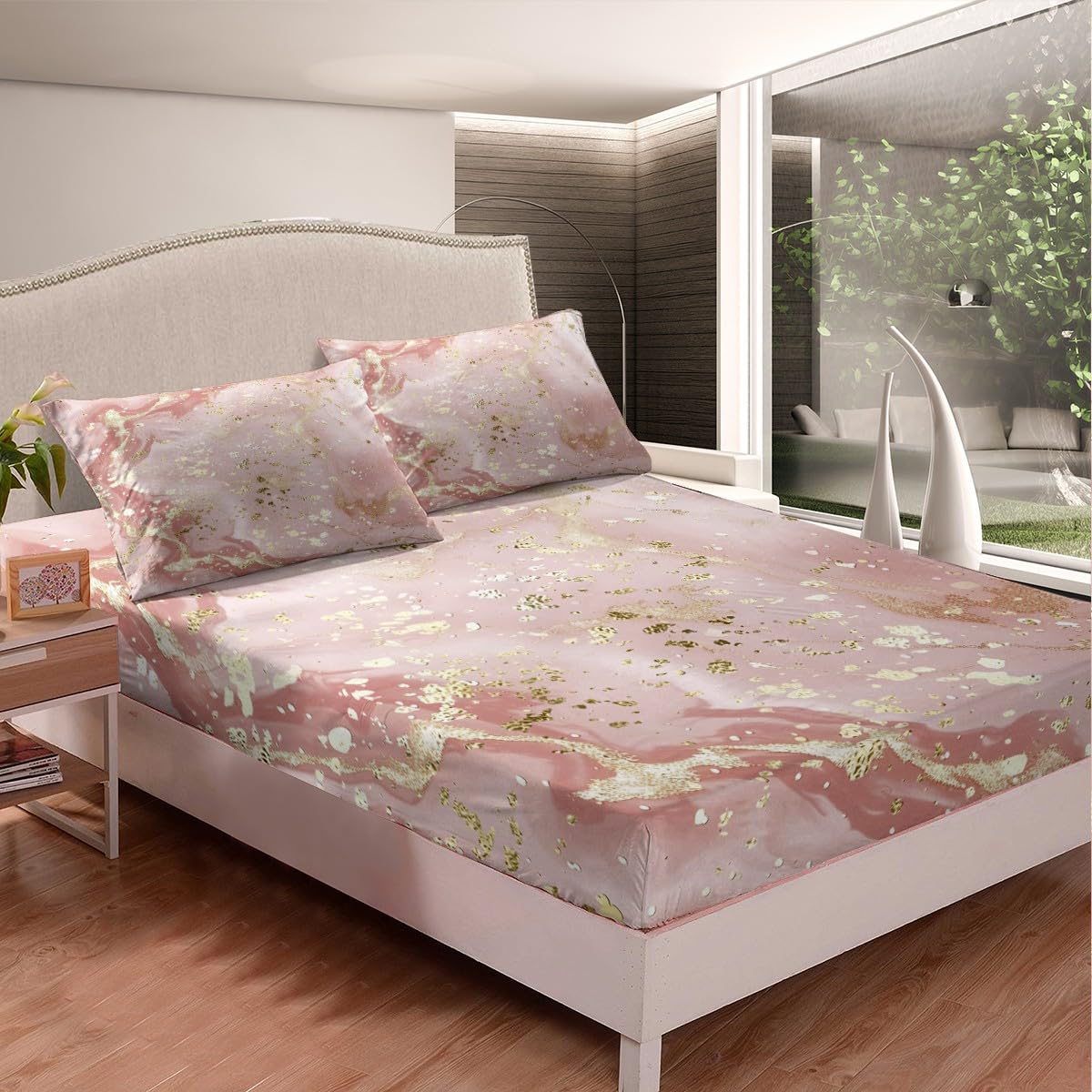 Manfei Marble Texture Fitted Sheet Pink Marble Pattern Golden Sequins Print Bedding 2pcs Microfiber Bed Sheet Set (1 Fitted Sheet + 1 Pillow Case) Twin Size