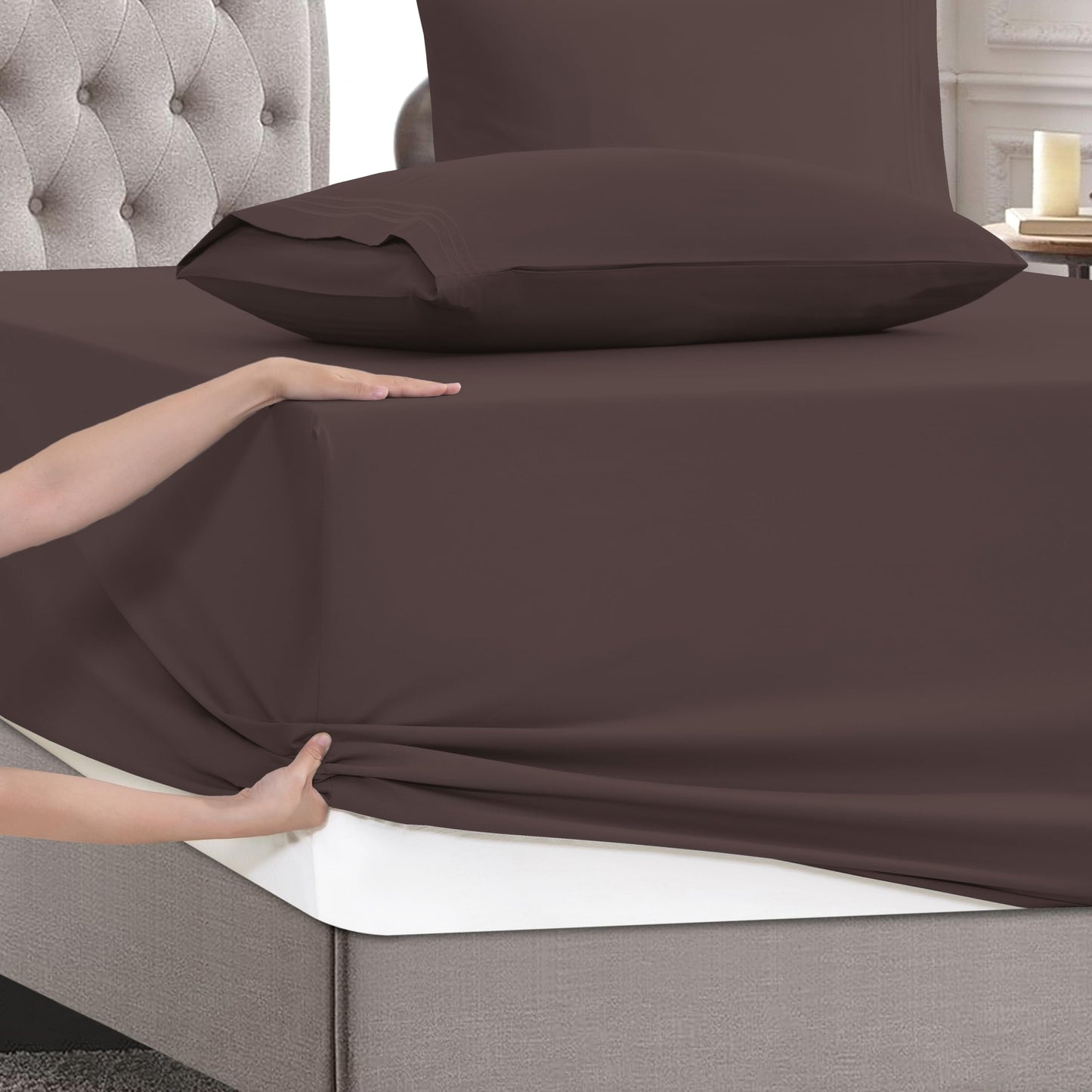 Mocassi Full Size 4-Piece Bed Sheet Set - 1800 Premium Hotel Quality Microfiber 18-24 Inches Extra Deep Pocket Fitted Sheet- Luxury Soft, Breathable, Wrinkle, and Fade Resistant, Brown
