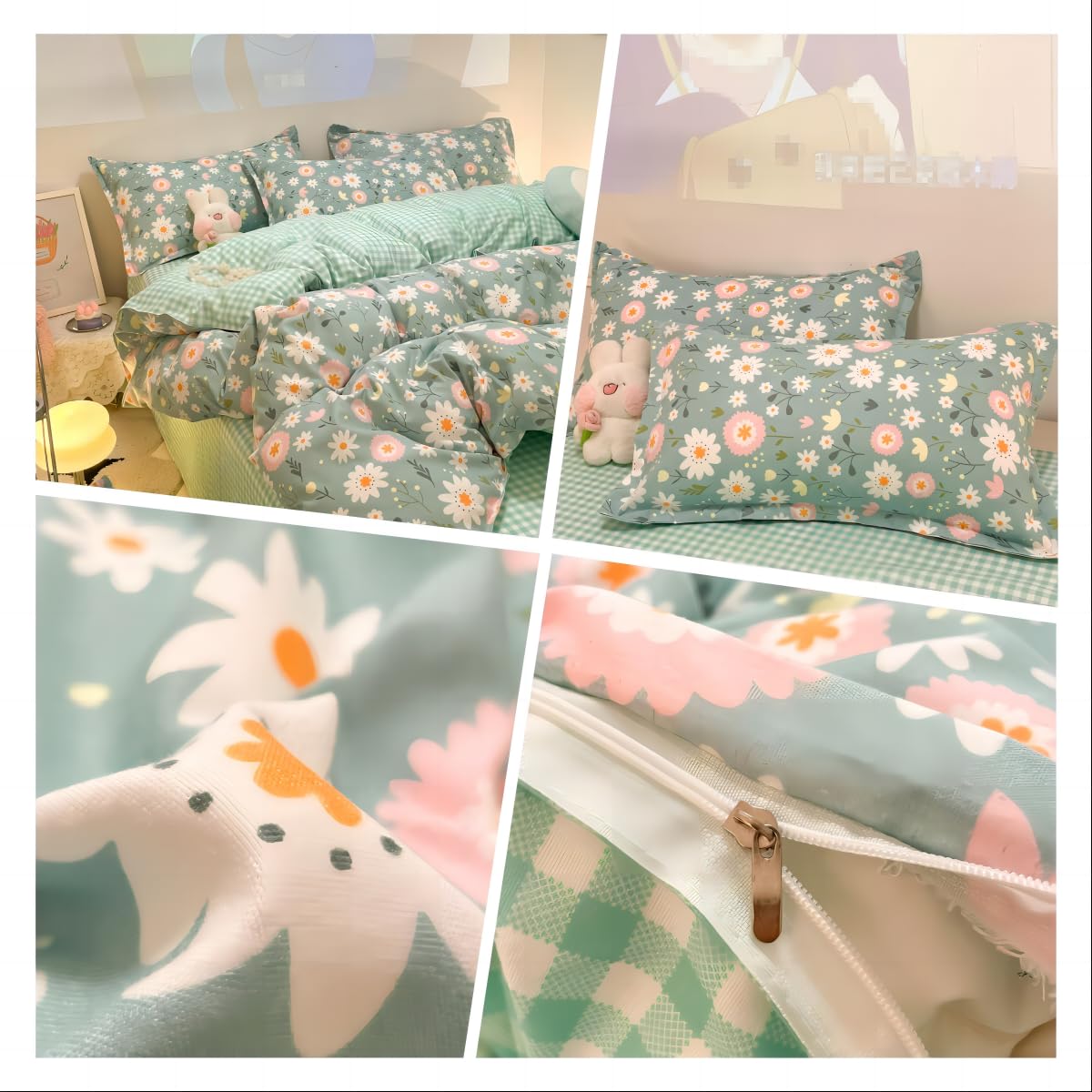 CinYana Sage Green Duvet Cover,Botanical Daisy Floral Duvet Cover Set,3 Pcs Kids Comforter Cover Set,Garden Flower Bedding Set,Soft Reversible for Girls Women Boys(Flowers,Twin)