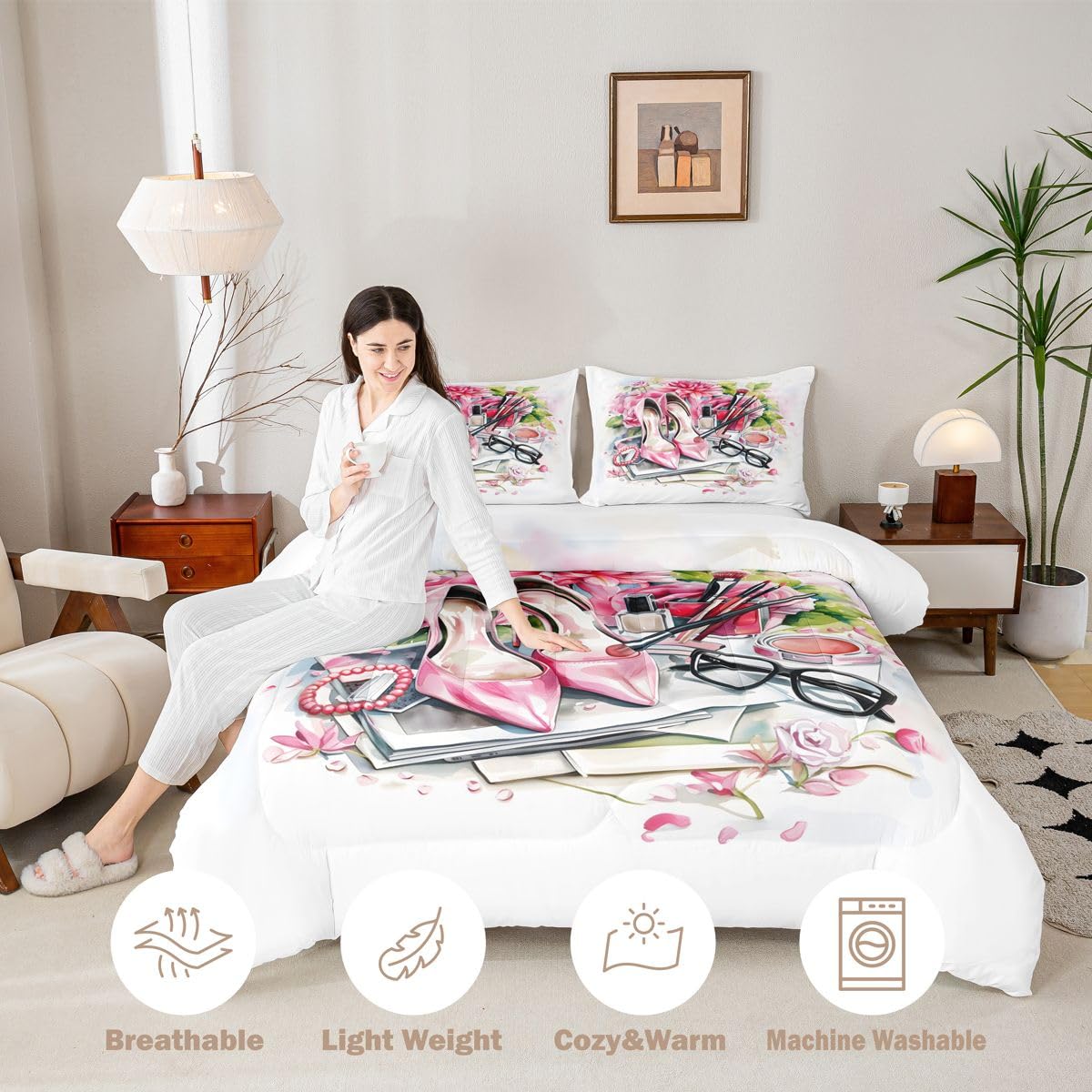 Erosebridal High Heel Comforter Set Rose Floral Twin Bedding Sets for Girls Children Boys Book Perfume Girly Coquette Comforter Fashion Makeup Theme Quilt