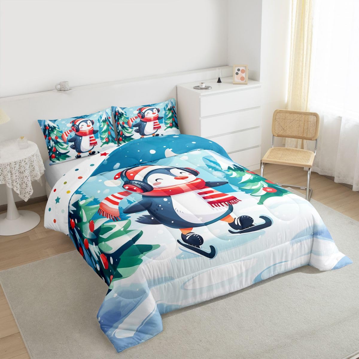 Erosebridal Cute Penguin Kids Comforter Sets Skating Penguin Queen Bedding Set for Boys Girls Antarctic Animal Sports Comforter Set,Winter Snowy Forest Quilt Duvet 3 Pcs