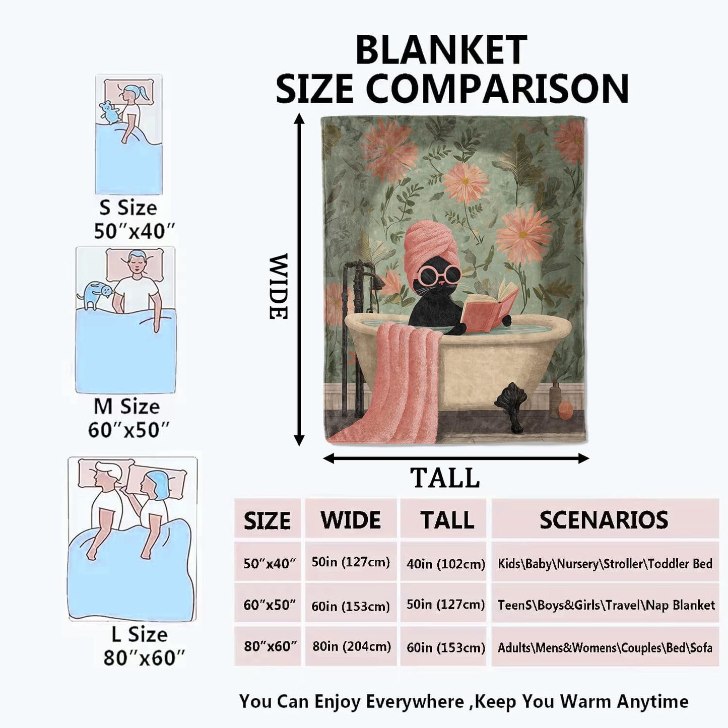 Mniedc Black Cat Bathtub Blanket, Elegant Floral Flannel Throw Blankets, 50"x60", Soft Warm Lightweight Fuzzy Cozy Throws for Couch Bed Sofa Reading Decorative Gifts for Pet Lover Women Girls