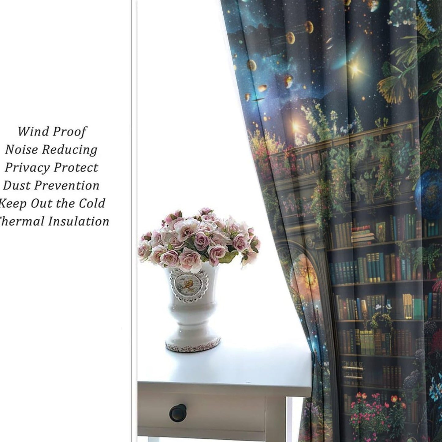 HDESDIS Bookshelf Fantasy Grommet Blackout Curtains for Bedroom, Mystical Space Star Library Thermal Insulated Curtains Room Darkening Window Drapes, 21W x 45L, 2 Panels