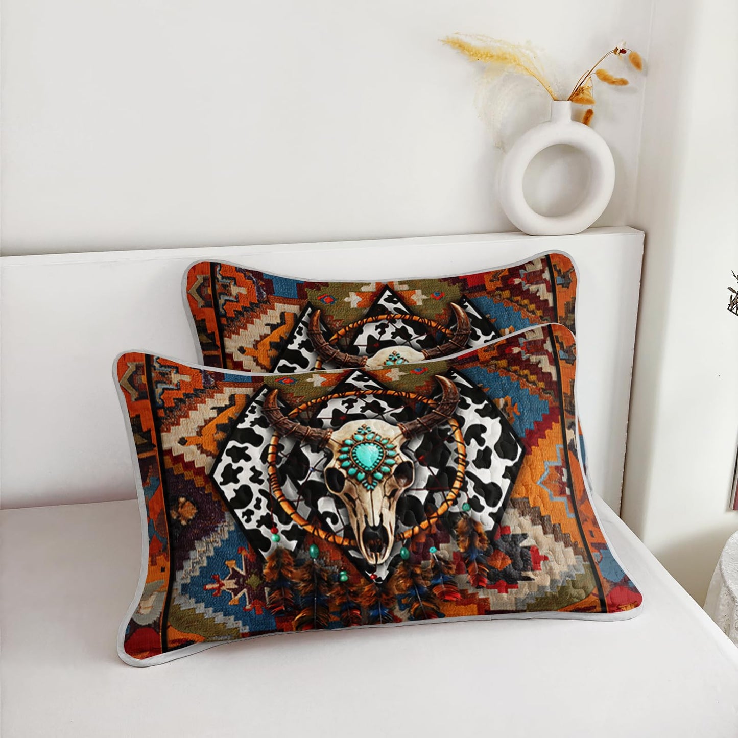 AILONEN Bull Skull Quilt Bedding Set King Size - Dreamcatcher Skull Boho Camo Bedspread Coverlet 3Pcs,Retro Ethnic Quilt,2 Pillowcases