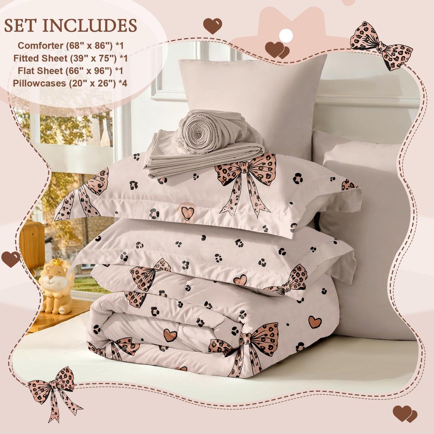 Wajade 7 Piece Cheetah Bow Comforter Set for Girls Kids Queen Size Bedding Set with Sheet and 2 Pillowcases 2 Pillow Shams Cute Girls Bed in a Bag as Birthday Choice