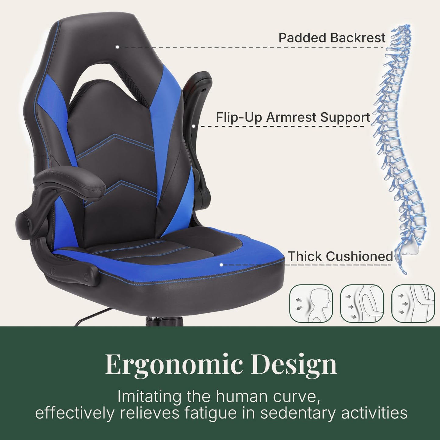 HAPPYMONT Ergonomic Computer Gaming Chair - Home Office Desk with PU Leather Lumbar Support, Adjustable Big and Tall Video Game with Flip-up Armrest, Swivel Wheels for Adults and Teens,Black Blue