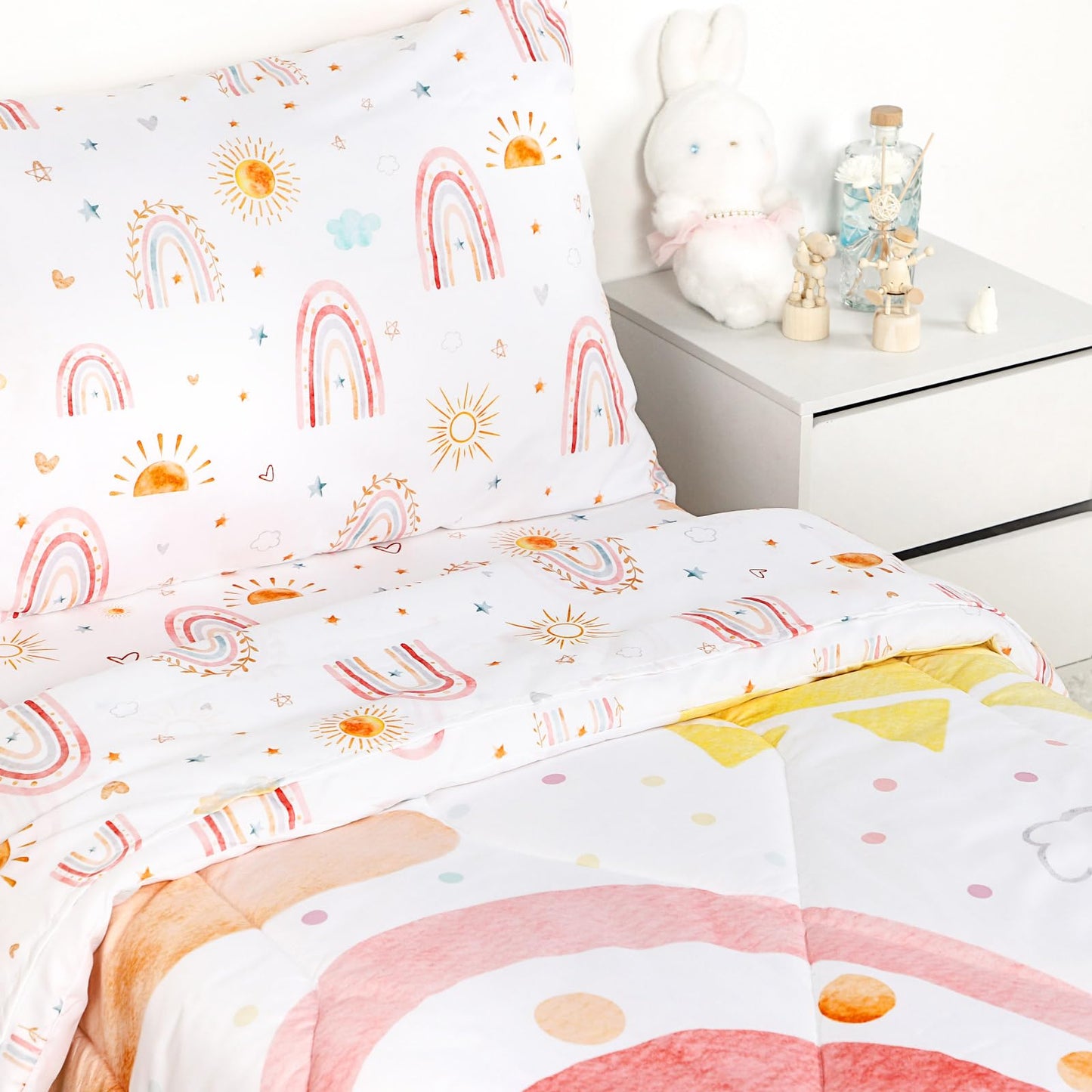 CARUILI Toddler Bedding Set for Girls 4 Piece Pink Rainbow Toddler Girl Bedding Set Super Soft & Lightweight Toddler Comforter Set Includes Comforter, Flat Sheet, Fitted Sheet, Pillowcase