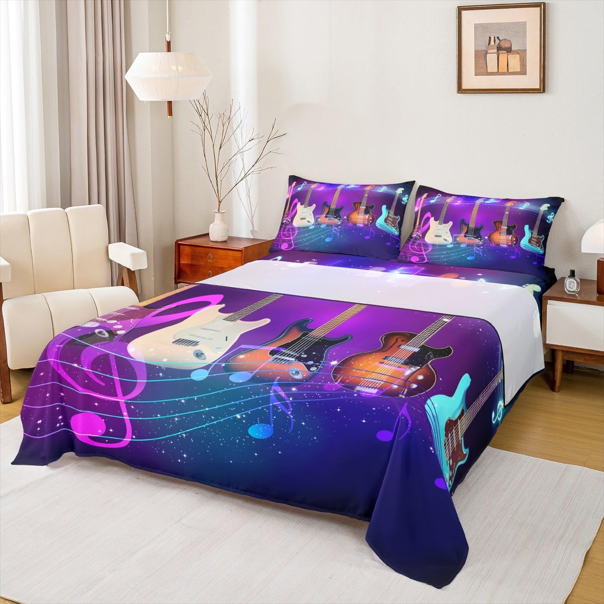 Erosebridal Guitar Bed Sheet Set King Size Colorful Mucical Notes Sheet Set with Deep Pocket for Kids Boys Girls Teens Rock Roll Music Bedding Set Glitter Hiphop Hippie Fitted Sheet Set 3 Pcs