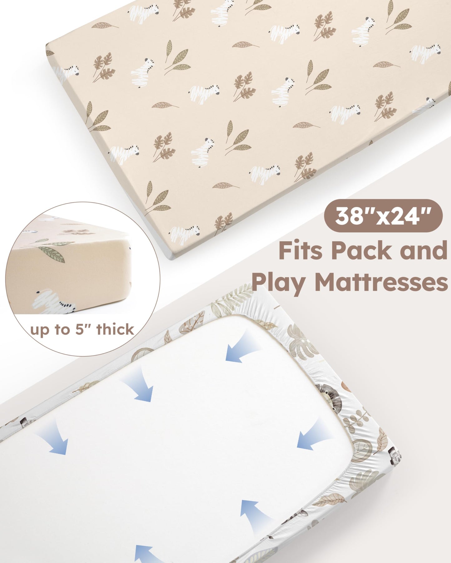 Nyessmee Pack and Play Sheets for Boys Girls, 38" x 26" Mini Crib Sheets Fitted for Pack n Play Mattress, Soft Breathable Playard Sheets, 2-Pack Brown Lion