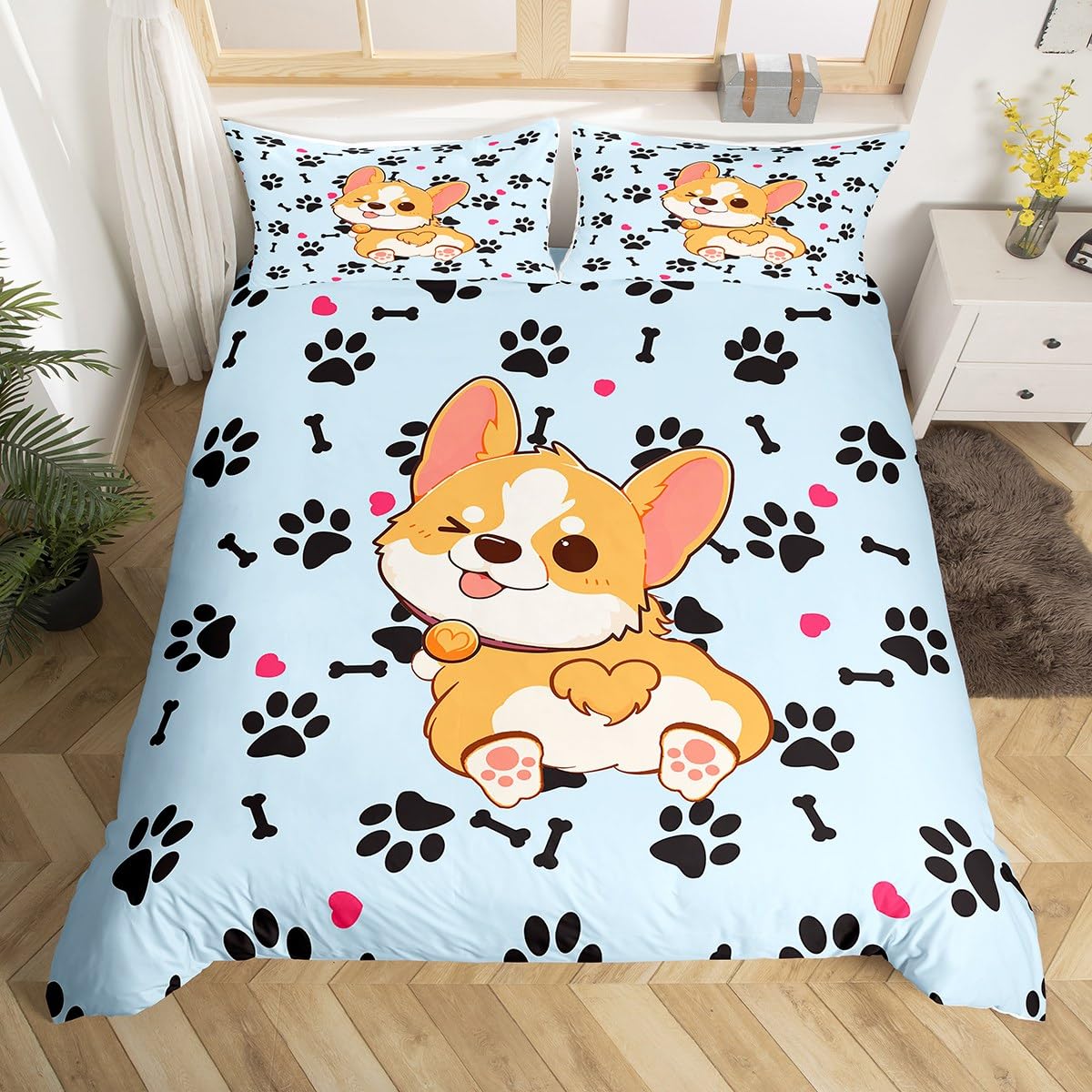 Cute Corgi Duvet Cover Set King Size,Cartoon Dog Footprint Bones Bedding Set 3pcs for Kids Boys Girls Room Decor,Smiling Doggy Comforter Cover Family Paw Quilt Cover with 2 Pillowcases,Blue