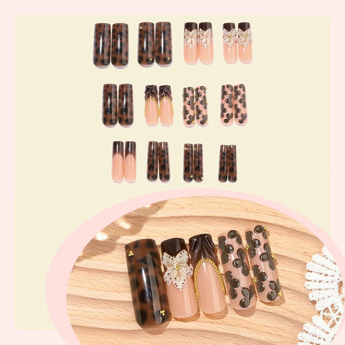 MISUD Press on Nails - Long Square Fake Nails with Fall Brown, Acrylic Flower Tortoise Shell Design 24 pcs