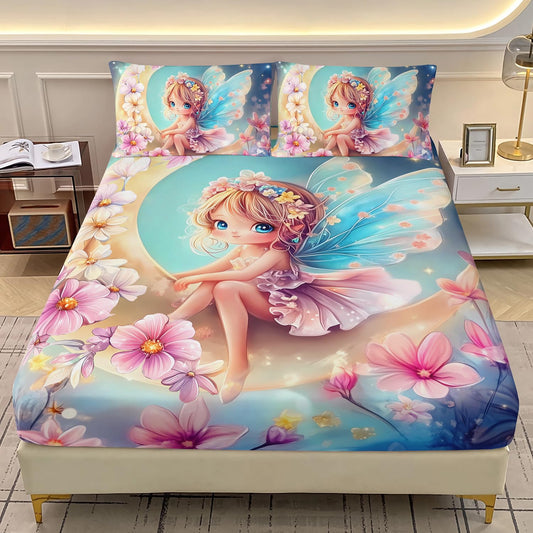 AILONEN Beautiful Fairy Girls Fitted Sheet Set Twin Size for Kids,Pink Flower Fairy Bed Sheet Set,Cartoon Moon Butterfly Girls Kawaii Bedding Set,1 Fitted Sheet with 2 Pillowcases,3-Piece