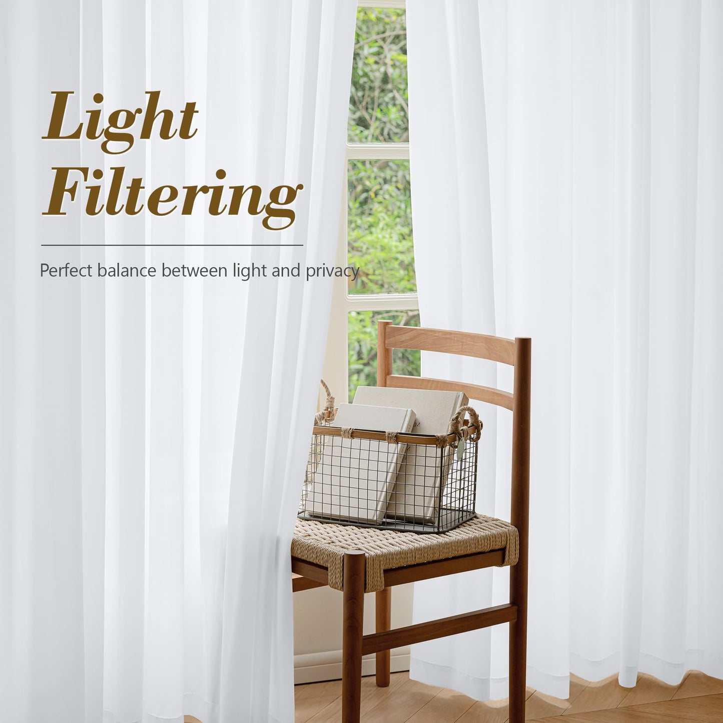 FMFUNCTEX Sheer Non-See-Through White Curtains for Bedroom, Faux Silk that Let Light Curtains 84 inches Long Light Filtering Privacy Sheer Window Drapes for Living Room, Rod Pocket 2 Panels Set