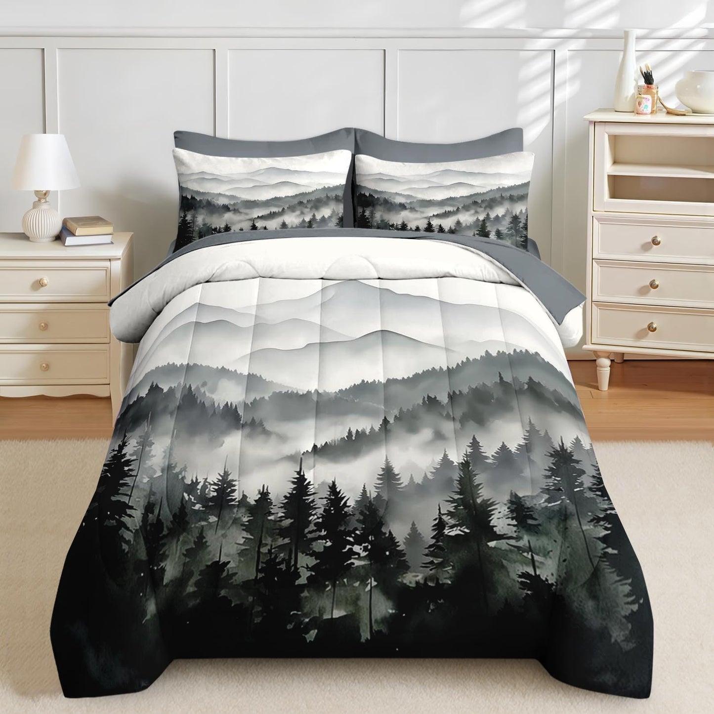 Nesker Comforter Set Full Size, Ink Forest 7 Pcs Bedding for Kids and Adults, Misty Mountains Bed Sheet Sets with Fitted Sheet 2 Pillowcases & 2 Shams
