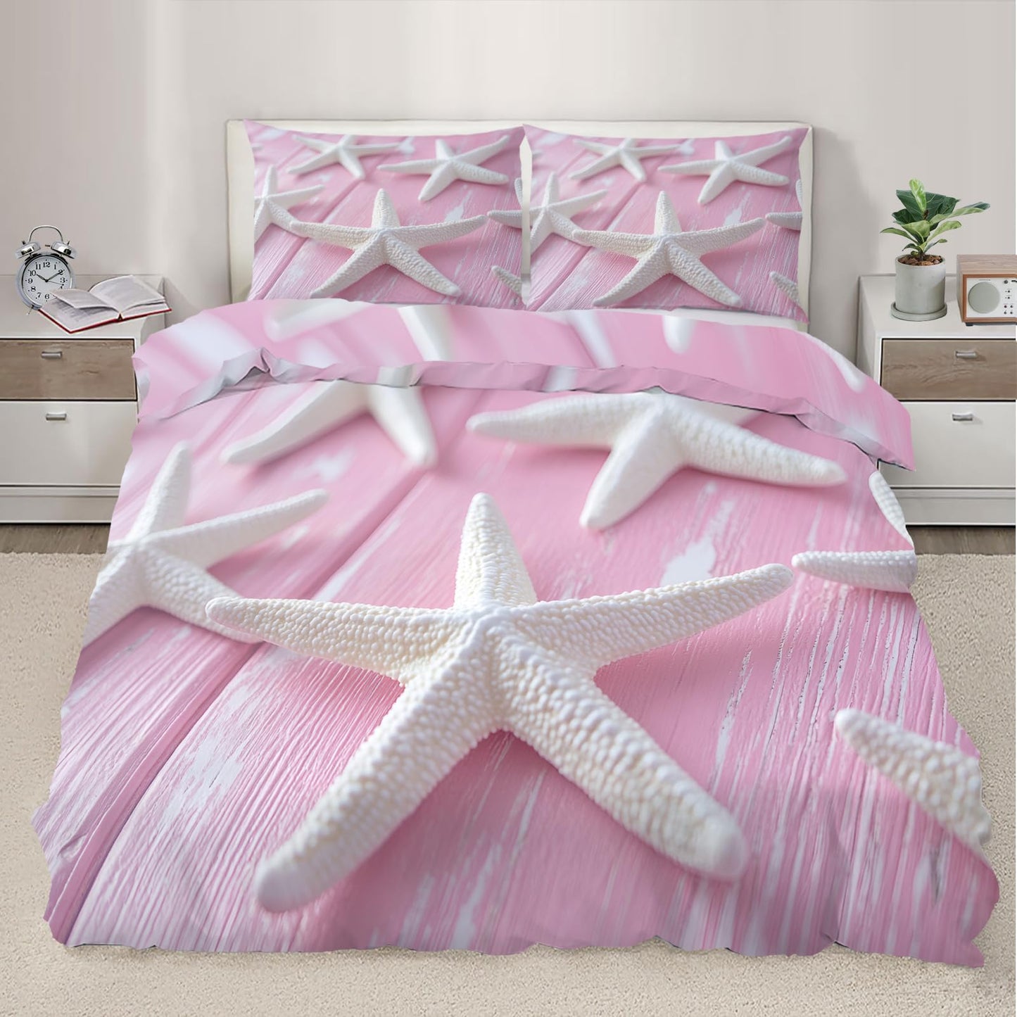 PAISUOQ Starfish Bedding Duvet Covers, Pink Comforter King Size, Romantic Nautical Bedding Sets with Zipper & Ties, 3 Pieces with 2 Pillowcases, Home Decor & Gifts