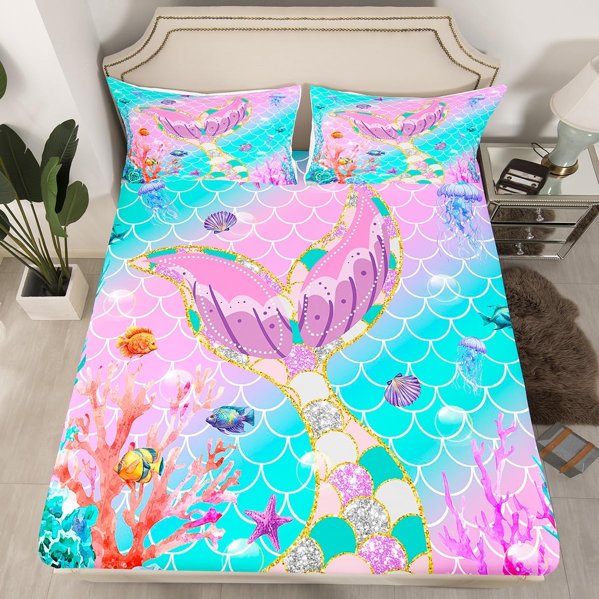 Mermaid Tail Fitted Sheet,Kids Fish Scales Bed Sheets Full,Girly Rainbow Sheet Set Ocean Life Sea Animal Flat Sheet Teal Sequins Pastel Pink Paillette Bedroom Decor,Multicolor