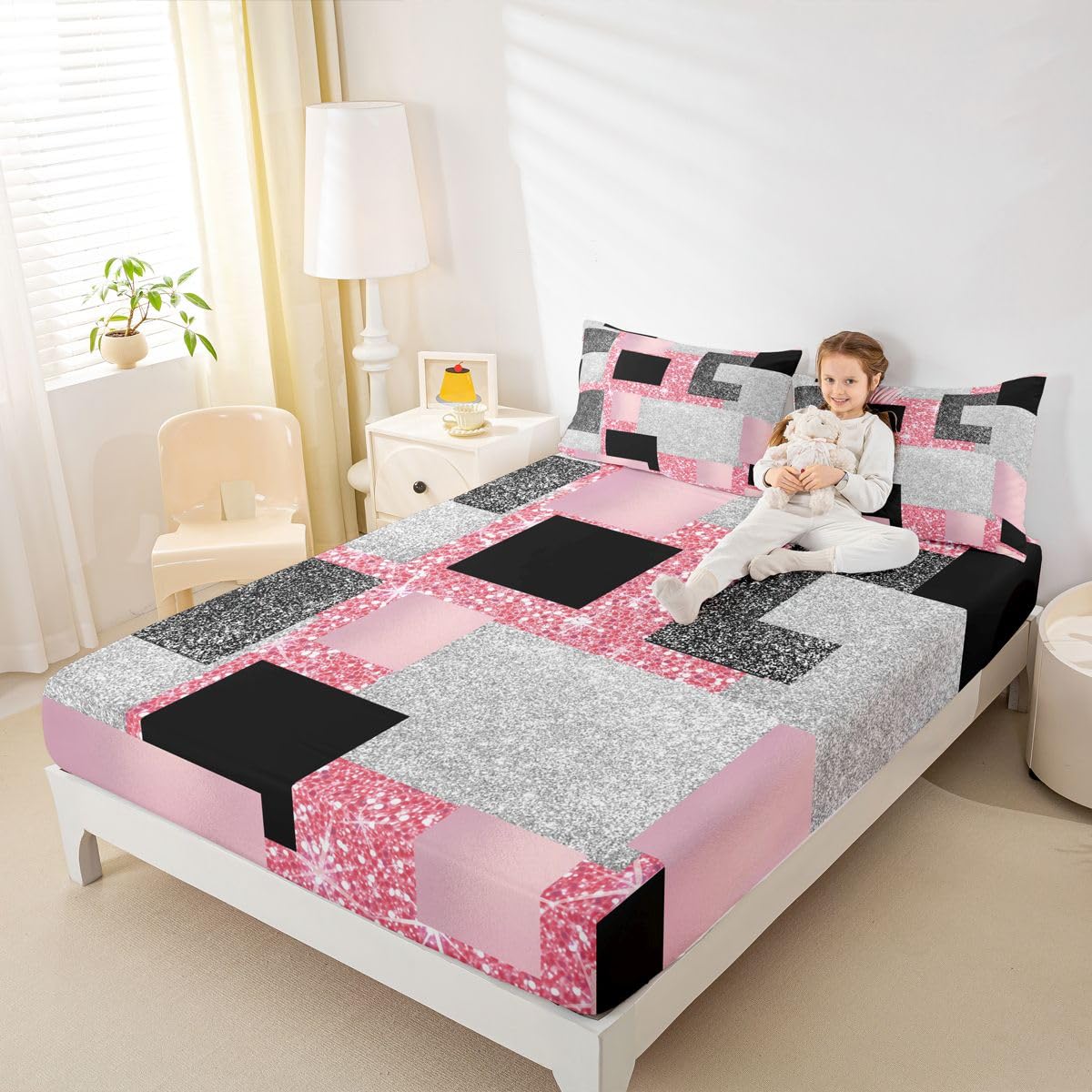 Feelyou Modern Abstract Bed Sheets Set Queen Size Geometric Aesthetic Deep Pocket Fitted Sheet Red Glitter Bedding Sets Soft Bed Set 4Pcs with 2 Pillow Cases