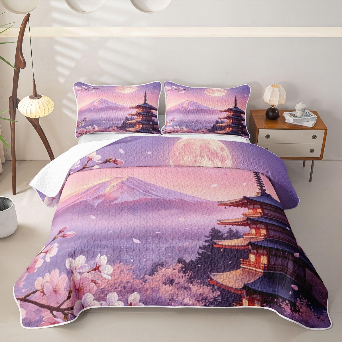 Erosebridal Japanese Twin Quilt Bedding Set Mount Fuji Sun Summer Lightweight Bedspread Cherry Blossom Pavilions Coverlet for Kids Adults Aesthetics Quilted Comforter 2 Pieces